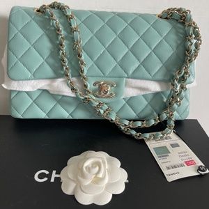 ❌SOLD!!!-❌ NWT! CHANEL Caviar Tiffany Blue Medium ClassicFlap/Champagne Hardware